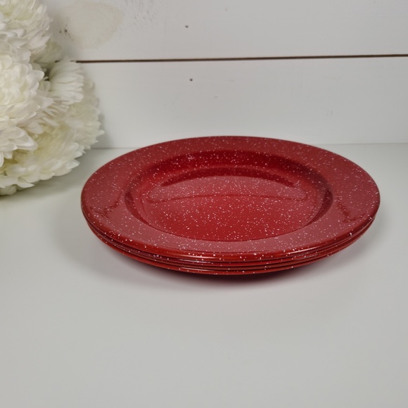 VTG Red & White Speckled Enamelware Plate 10"- Set of 4- Metal Stackable Plates - Picture 3 of 6